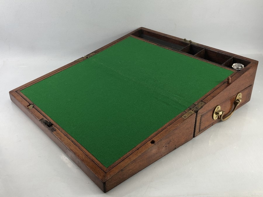 Large mahogany writing slope with brass fittings and glass inkwell, approx dimensions when closed: - Image 3 of 14