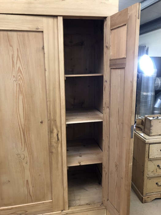 Large pine wardrobe with hanging and shelving space and two drawers to base, approx 140cm wide x - Image 8 of 8