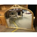 Large gilt framed over mantle mirror, approx 139cm wide at base x 106 tall at centre