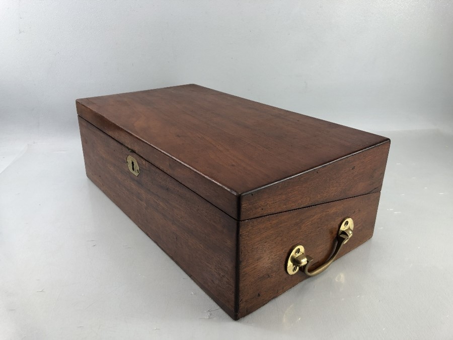 Large mahogany writing slope with brass fittings and glass inkwell, approx dimensions when closed: - Image 12 of 14