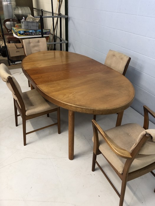 Mid Century oval extending dining table with four chairs (one carver). Approx dimensions fully - Image 5 of 6