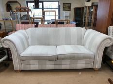 Extra large fabric sofa in a grey and white stripe, approx 220cm wide x 110cm deep x 85cm tall at