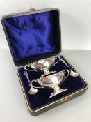 Edwardian Silver hallmarked salts with spoons in Purple velvet lined presentation case