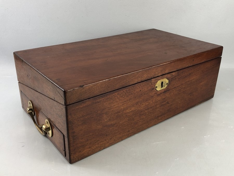 Large mahogany writing slope with brass fittings and glass inkwell, approx dimensions when closed: