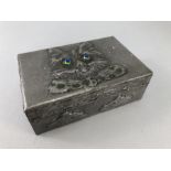 Pewter box decorated with a cat and mice to the sides stamped "AK" to the reverse