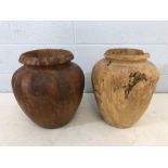 Two large rustic carved wooden vases, approx 40cm tall