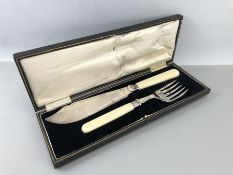 Silver Fish Knife and fork set in original case with Silver hallmarked collars