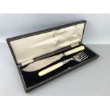 Silver Fish Knife and fork set in original case with Silver hallmarked collars