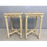 Pair of marble topped occasional tables with carved detailing, approx 42cm x 42cm x 71cm