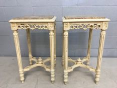 Pair of marble topped occasional tables with carved detailing, approx 42cm x 42cm x 71cm