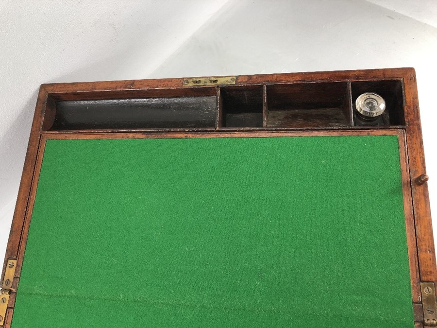 Large mahogany writing slope with brass fittings and glass inkwell, approx dimensions when closed: - Image 5 of 14