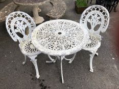 White metal small round garden table with two chairs