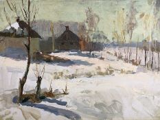 VILEN MUHARKIN (b.1925), Oil on board, 'Old Village, Ukraine', approx 35cm x 25.5cm