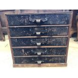 Flight of five industrial metal drawers in wooden cabinet, approx 37cm x 26cm x 35cm tall