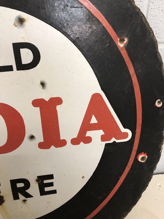 Vintage circular original tinplate sign, double sided, black, red and white for 'SOLD INDIA HERE' - Image 9 of 11