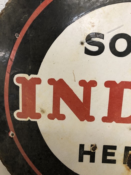 Vintage circular original tinplate sign, double sided, black, red and white for 'SOLD INDIA HERE' - Image 4 of 11