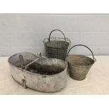 Collection of galvanised outdoor items to include two buckets and a waist-worn chicken feeder