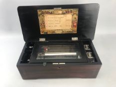 Swiss cylinder music box in wooden case, approx 38cm x 19cm x 13cm