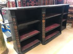 Ebonised break front open bookcase, approx 215cm x 53cm x 90cm tall, with arts and crafts inlaid