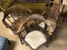 Collection of the three chairs to include smokers elbow chair, Edwardian inlaid chair and a