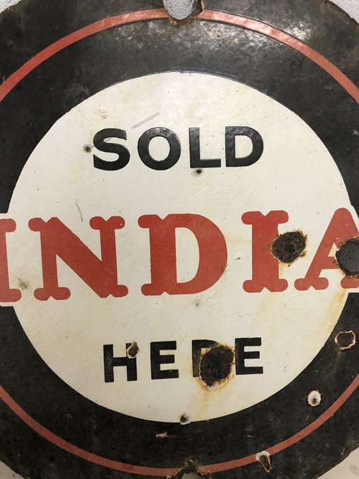 Vintage circular original tinplate sign, double sided, black, red and white for 'SOLD INDIA HERE' - Image 2 of 11