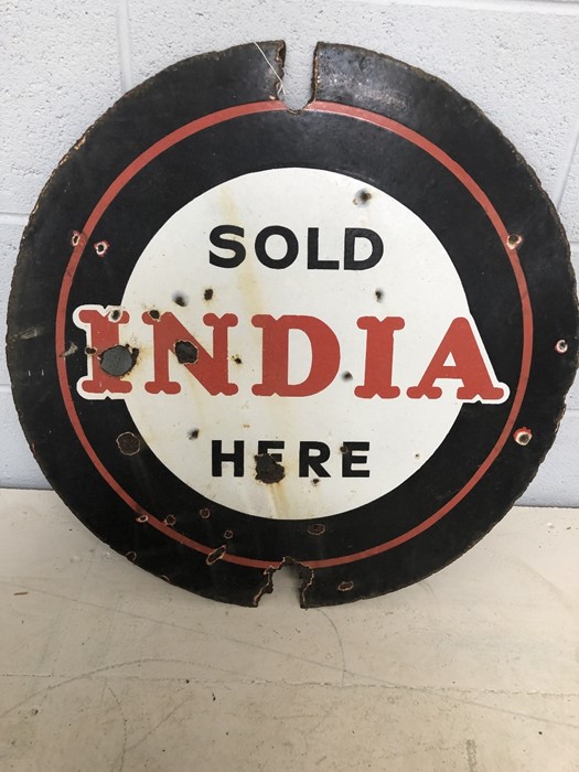 Vintage circular original tinplate sign, double sided, black, red and white for 'SOLD INDIA HERE' - Image 6 of 11