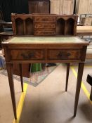 Edwardian style inlaid writing desk with green leather top and gallery of drawers and pigeon holes