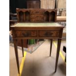 Edwardian style inlaid writing desk with green leather top and gallery of drawers and pigeon holes