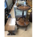 Circular burr walnut coffee table on ball and claw feet, an oak side table and a circular wine table