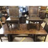 Oak refectory style table with four chairs, table approx 183cm x 80cm x 76cm tall