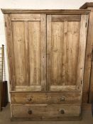 Antique pine cupboard with internal shelves and two drawers under, approx 122cm x 54cm x 182cm tall