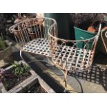 Outdoor white painted metal love seat, approx 105cm wide