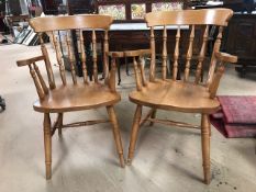 Pair of pine spindle back carver chairs