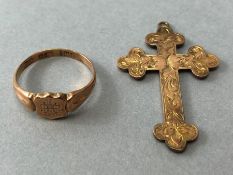 9ct Gold Cross and a 9ct Gold signet ring size 'M' total weight approx 3.6g