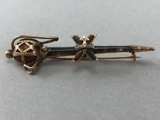 Antique Scottish Gold Sword Brooch set with various Agate and stamped RD 118492, tests as 9ct approx