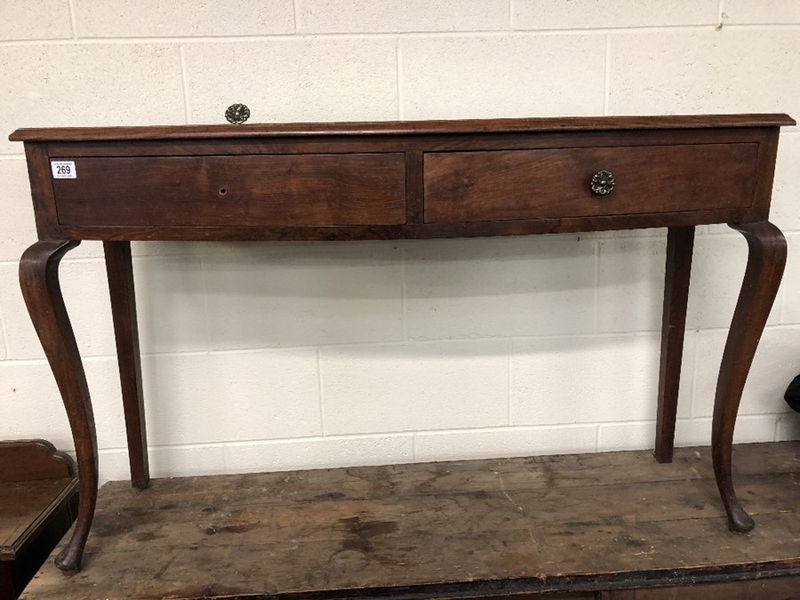Bow fronted hall / console table, Queen Anne legs to front and two drawers under, approx 122cm x