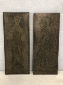 Two brass figures mounted on panels depicting medieval characters, each approx 85cm x 35cm