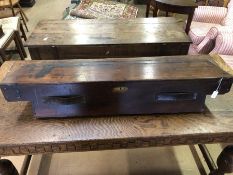 Antique wooden carriage box with leather handles, possibly a gun case