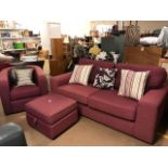 Modern facric two seater sofa and footstool with coordinating cushions, along with a matching single