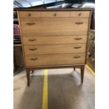 Elegant Mid Century seven drawer chest of drawers on slightly splayed legs (A/F)