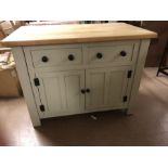 Painted pine kitchen island with two cupboards and two drawers to each side, hanging rail to one