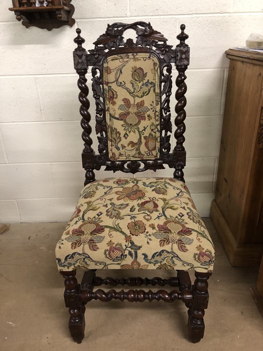 Single oak framed heavily carved upholstered chair with barley twist frame - Image 2 of 3