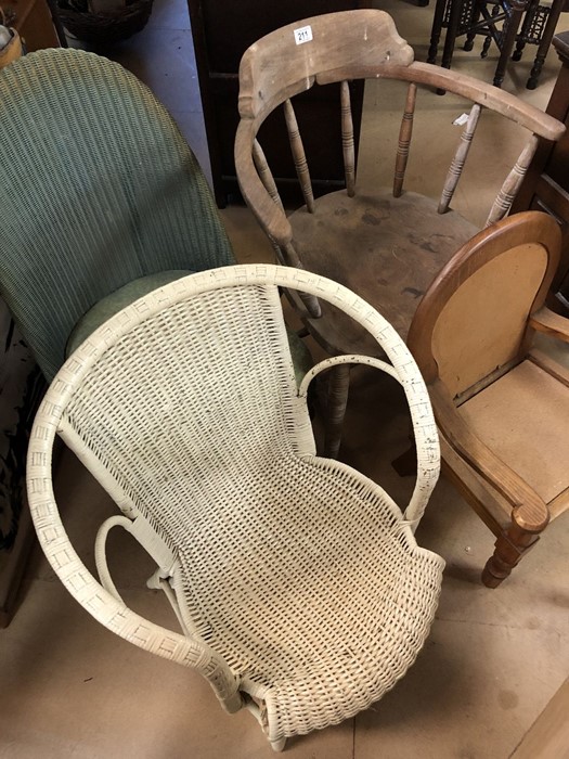 Collection of vintage chairs to include Lloyd Loom style nursing chair with sprung feet, Windsor