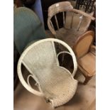 Collection of vintage chairs to include Lloyd Loom style nursing chair with sprung feet, Windsor