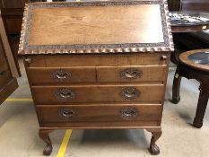 Small bureau with carved detailing, three drawers under, approx 84cm x 43cm x 100cm tall