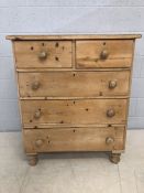 Antique pine chest of five drawers on turned feet, approx 85cm x 44cm x 100cm tall