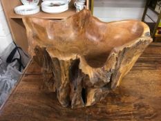 Carved wooden bowl in a rustic form, approx 41cm wide x 19cm tall