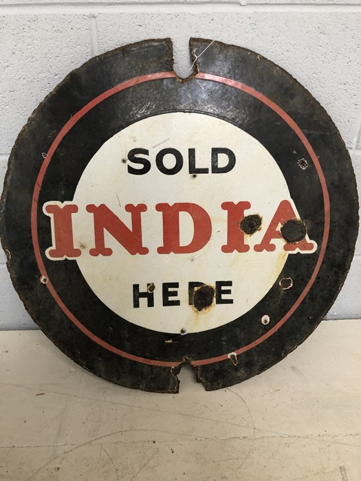 Vintage circular original tinplate sign, double sided, black, red and white for 'SOLD INDIA HERE'