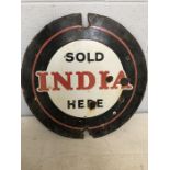 Vintage circular original tinplate sign, double sided, black, red and white for 'SOLD INDIA HERE'