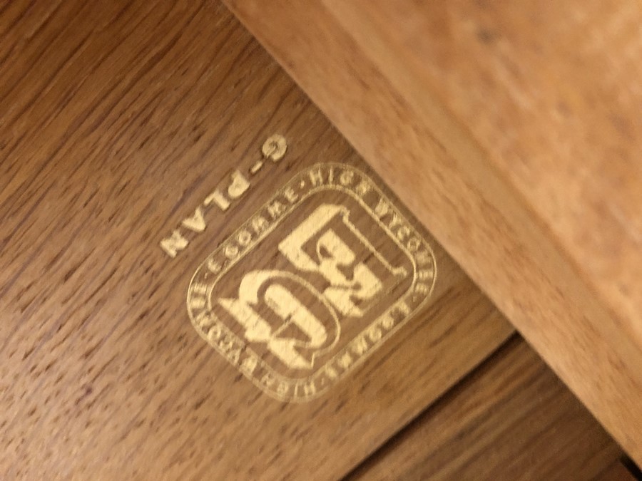 G-Plan (Gold EG stamp to base) cross stretcher dining table with two drop leaves and four matching - Image 5 of 9